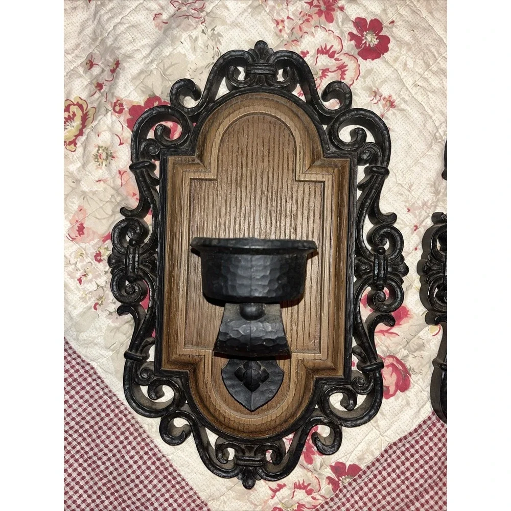 MCM Wall Sconce Candle Holders Faux ‎ Wood Faux Metal Syroco LXXI (1971) Gothic
